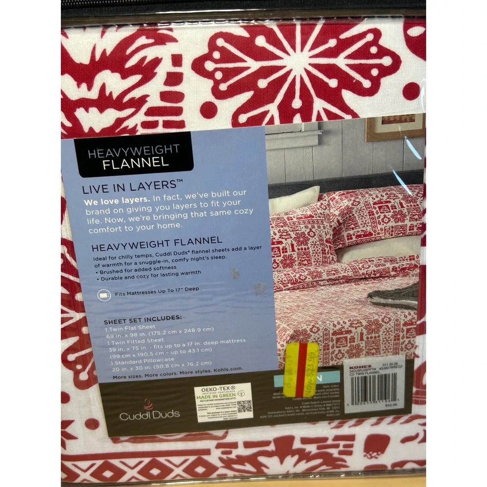 Cuddl Duds Twin Heavyweight Flannel Sheet Set Holiday Paper Cut Red White NEW